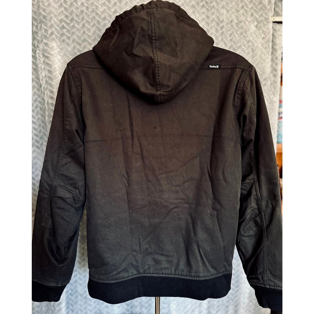 Hurley Mens Fleece Lined Hooded  Black Canvas Denim Jacket- Small Outdoor Chore - Picture 3 of 5